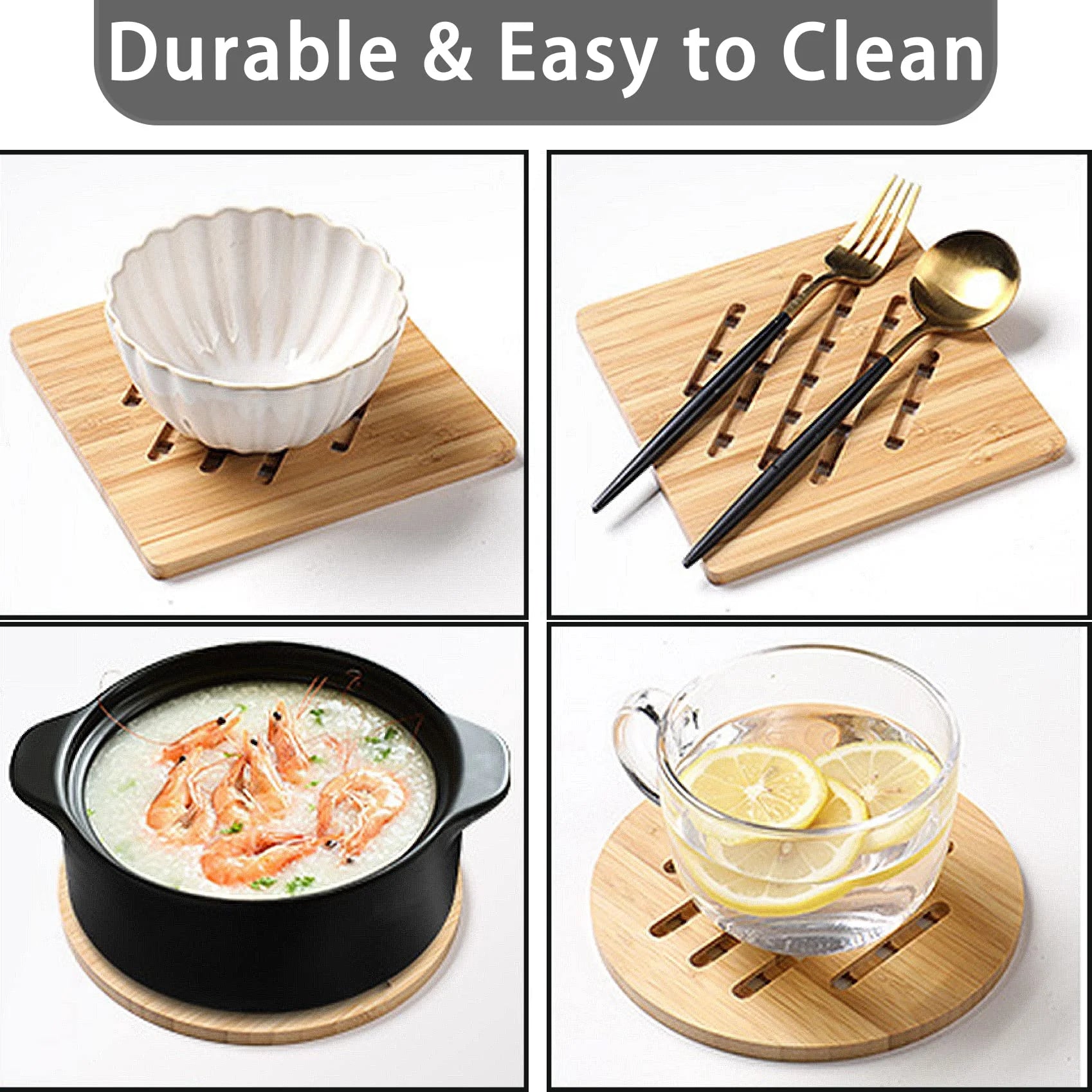 Bamboo Trivet Mat Set for Hot Pots Dishes Bowls, 8 Pack Heat Resistant Natural Mats with 2 Holders, Square Round Shapes for Tabletop Kitchen Use