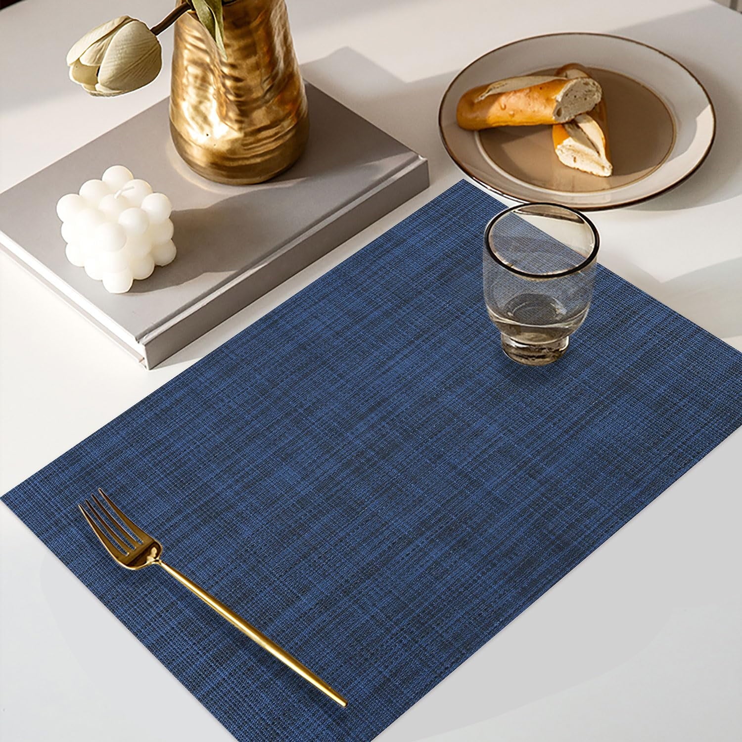 Heat resistant placemats set of 4, PVC woven washable non-slip table mats, wrinkle free vinyl placemats for dining, modern kitchen decor, navy blue