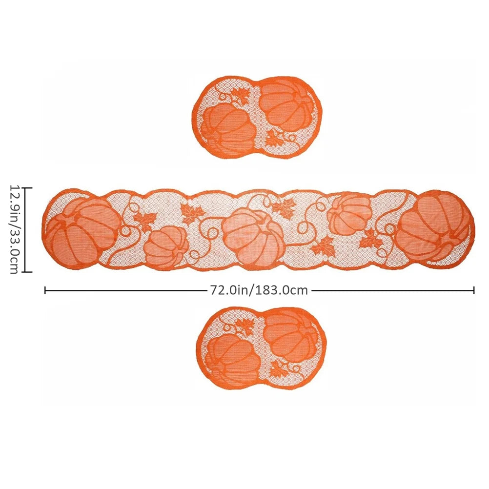 LarkLyn 1 Set 3Pcs Hollowed Pumpkin Table Runner Table Mat for Thanksgiving (Orange)