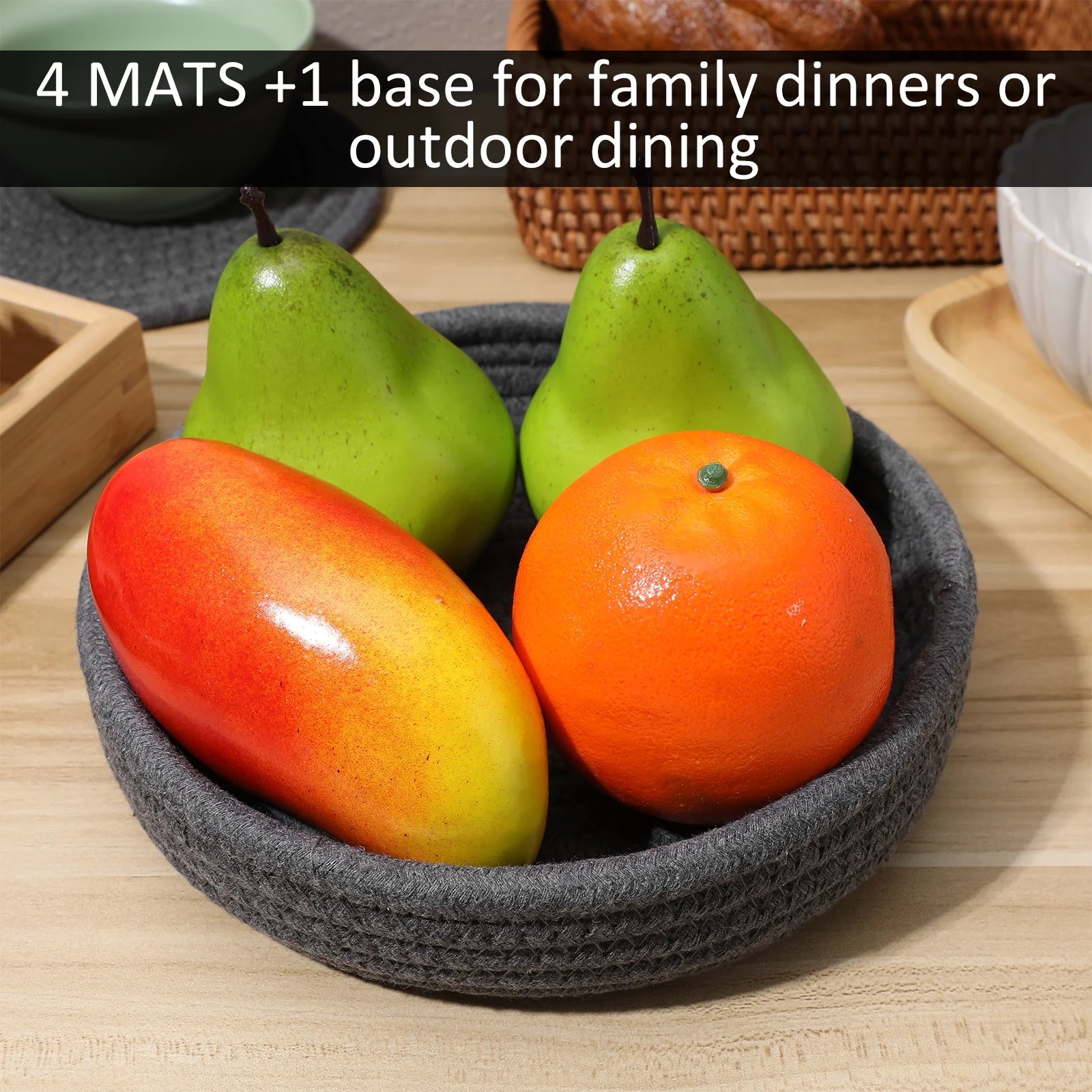 Dark Grey Cotton Rope Placemat Set Round Woven Coasters for Hot Dishes with Tabletop Protection 1