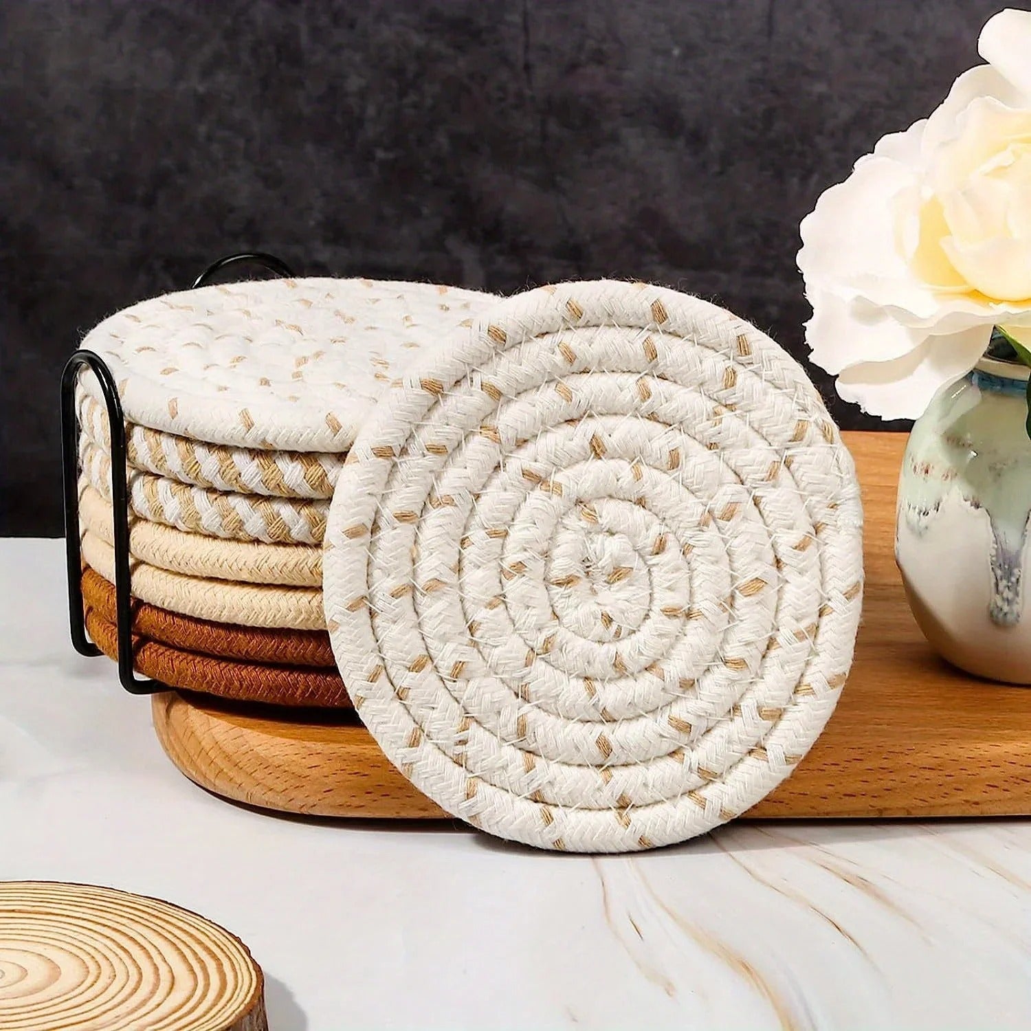 8-Piece Thickened Woven Coaster Cotton Rope Placemats Set with Storage Rack