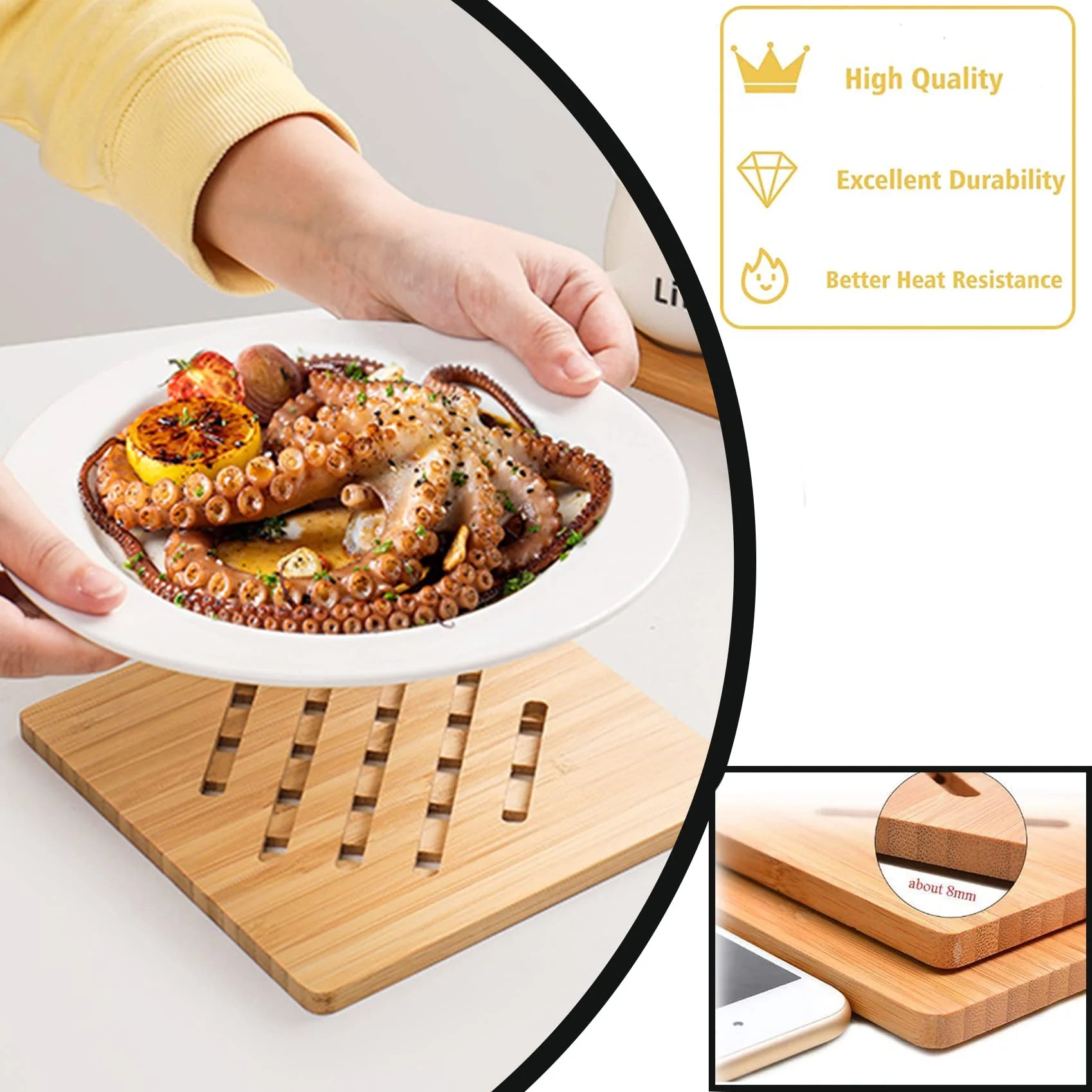 Bamboo Trivet Mat Set for Hot Pots Dishes Bowls, 8 Pack Heat Resistant Natural Mats with 2 Holders, Square Round Shapes for Tabletop Kitchen Use