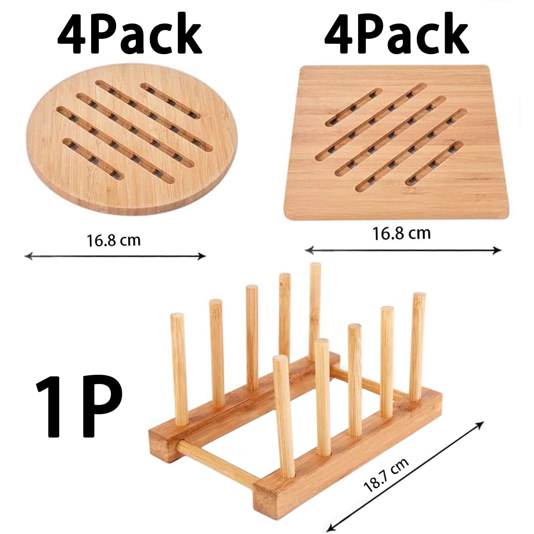 Bamboo Trivet Mat Set for Hot Pots Dishes Bowls, 8 Pack Heat Resistant Natural Mats with 2 Holders, Square Round Shapes for Tabletop Kitchen Use