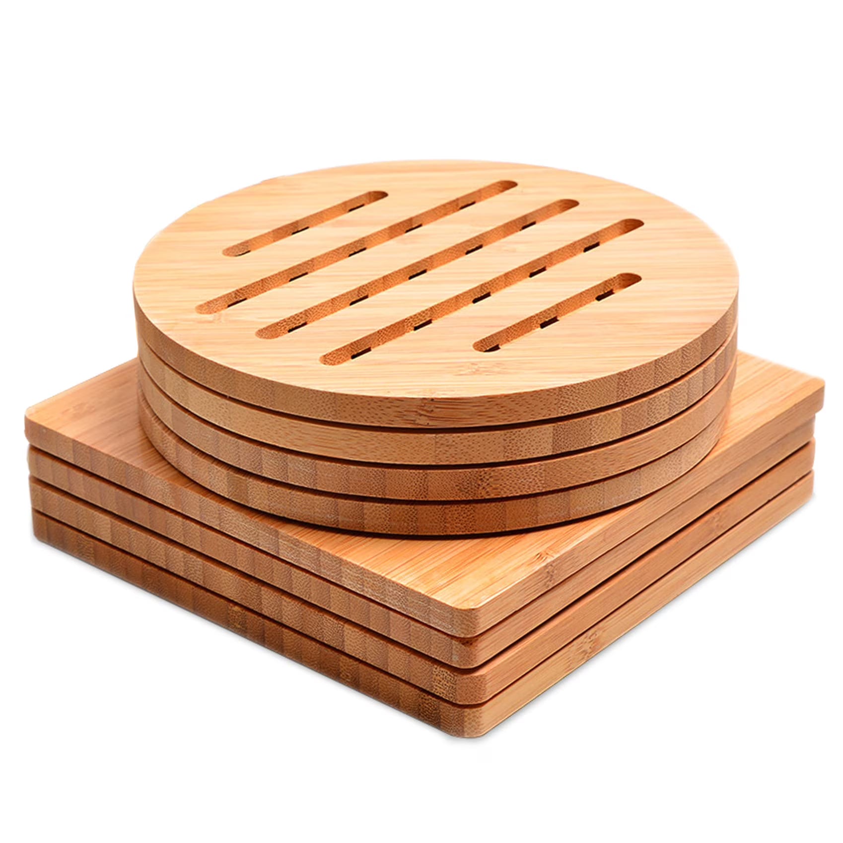 Bamboo Trivet Mat Set for Hot Pots Dishes Bowls, 8 Pack Heat Resistant Natural Mats with 2 Holders, Square Round Shapes for Tabletop Kitchen Use