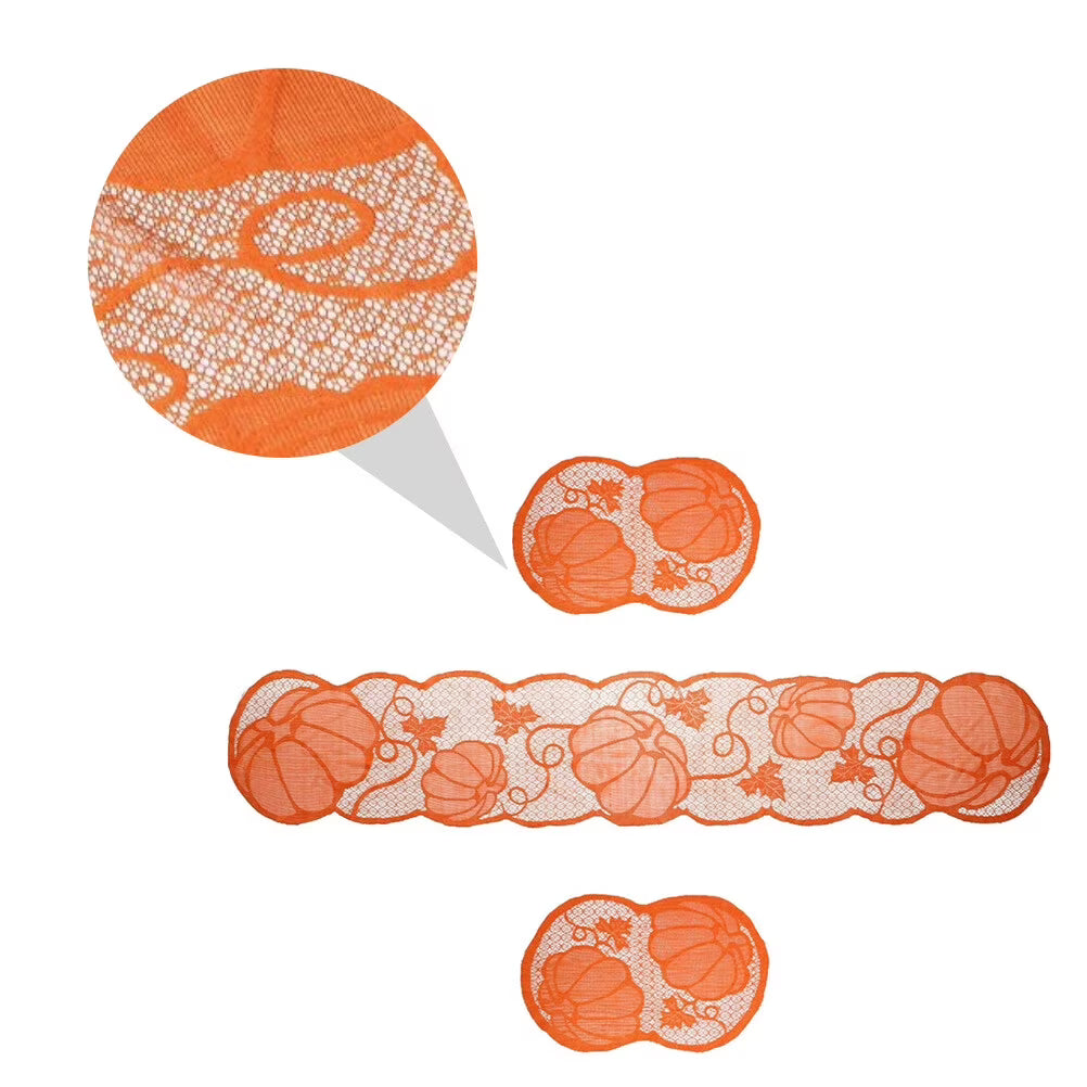 LarkLyn 1 Set 3Pcs Hollowed Pumpkin Table Runner Table Mat for Thanksgiving (Orange)