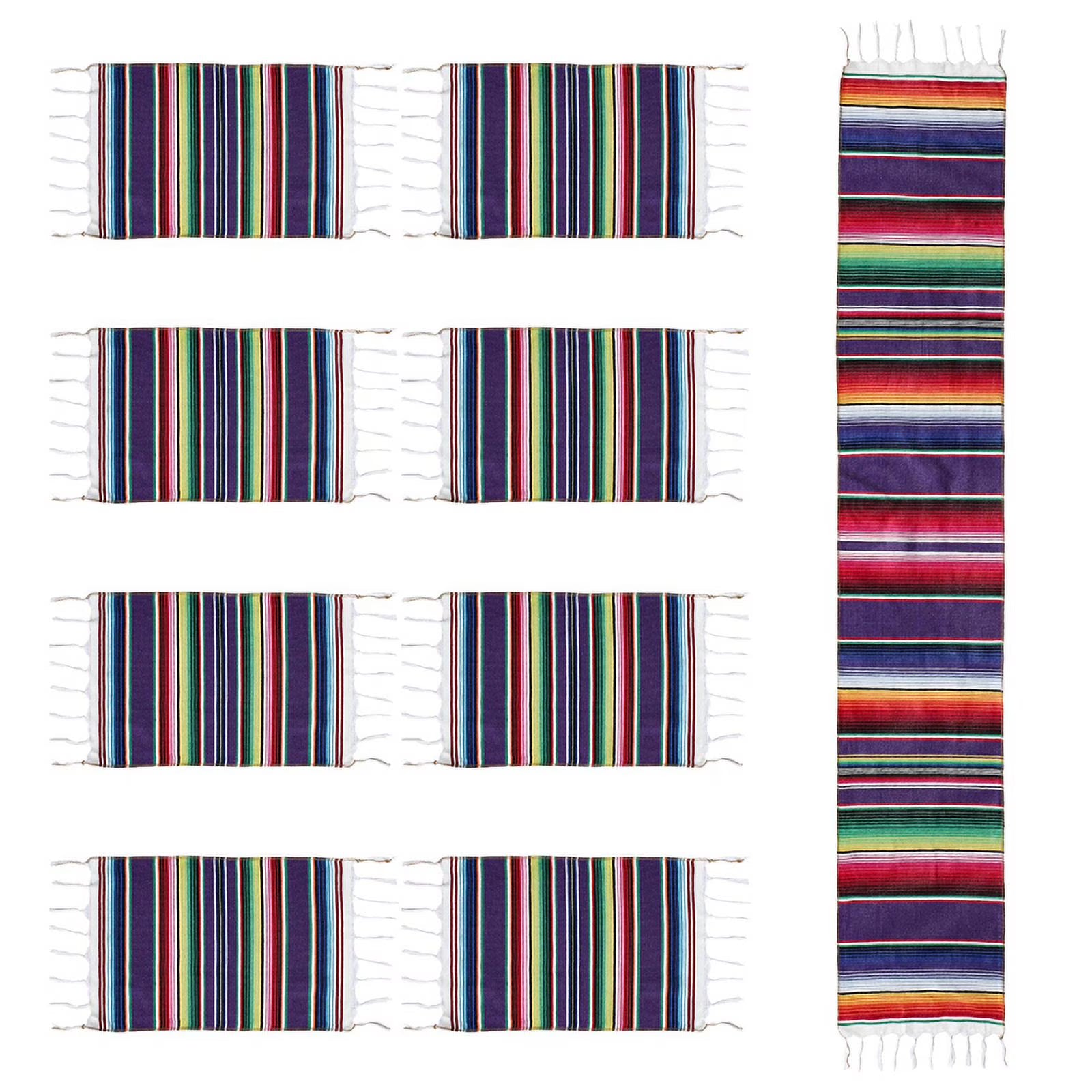 Mexican Table Runner with Place Mats, Mexican Assorted Mats Wedding Decorations, Fringe Blanket 14 X 84 Inch ( + 8 Placemats)