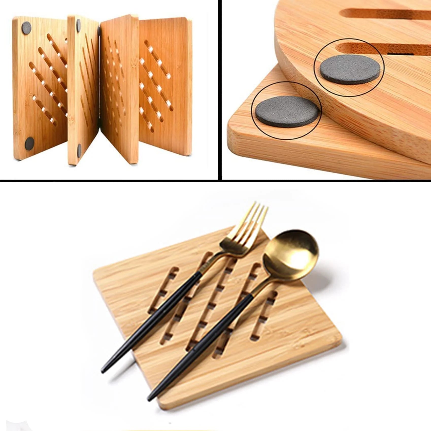 Bamboo Trivet Mat Set for Hot Pots Dishes Bowls, 8 Pack Heat Resistant Natural Mats with 2 Holders, Square Round Shapes for Tabletop Kitchen Use