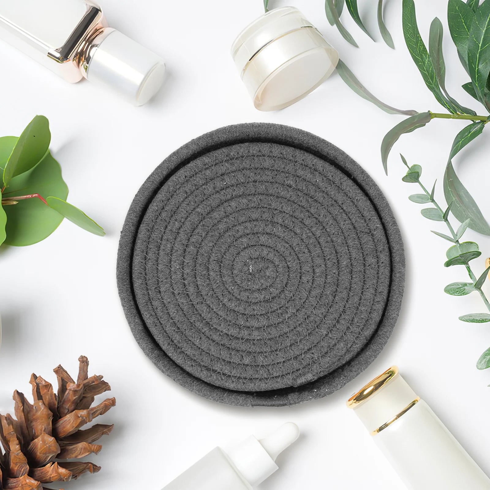 Dark Grey Cotton Rope Placemat Set Round Woven Coasters for Hot Dishes with Tabletop Protection 1